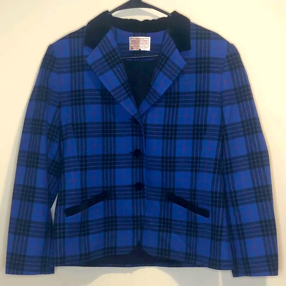 Vintage Pendleton Blue Plaid Virgin Wool Blazer Jacket Women's Size 10 Petite